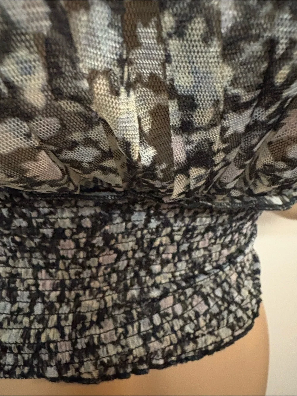 Floral Smocked Puff-Sleeve Top - Black/Gray